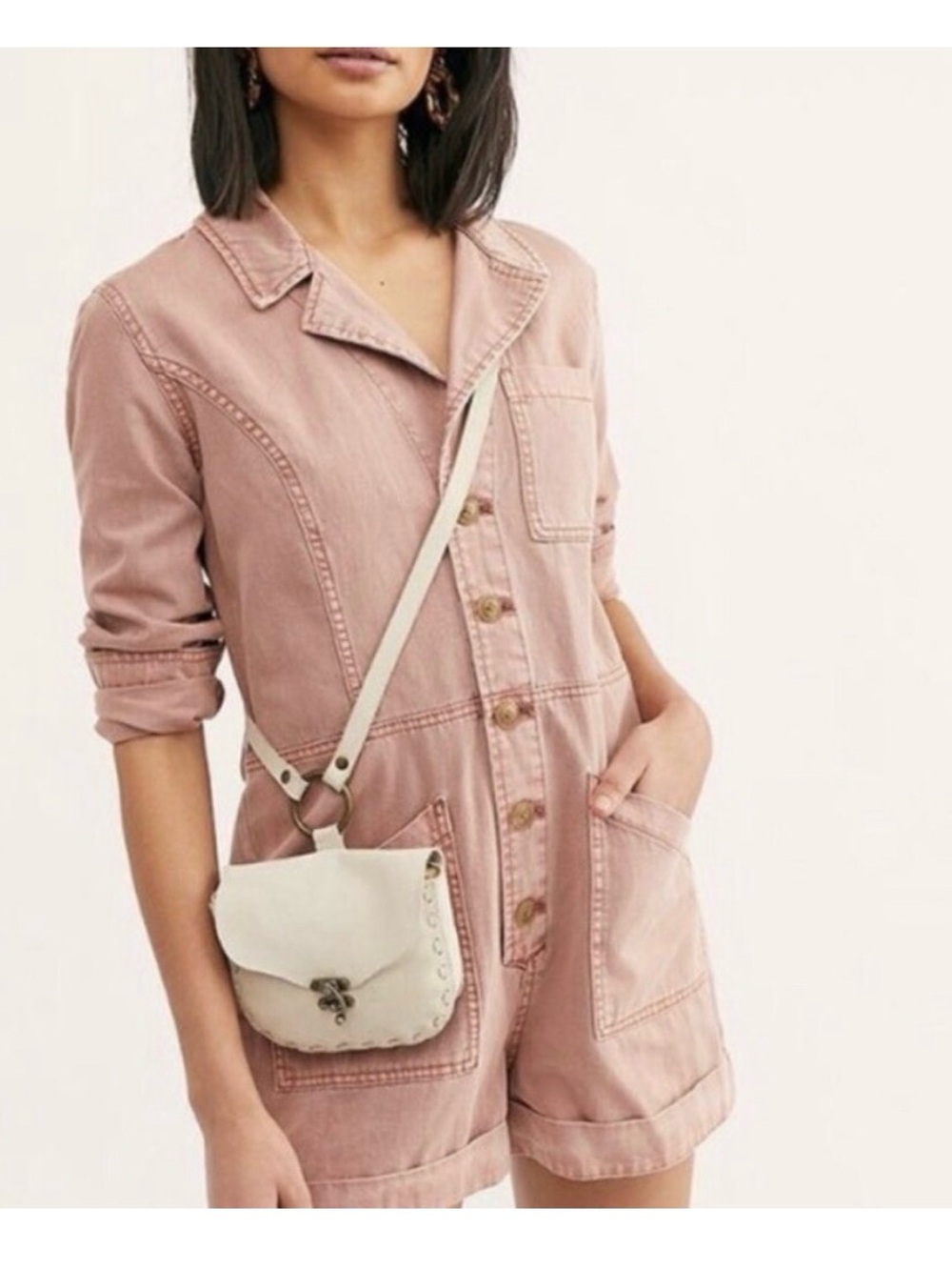 RARE!! Free People Elaine Pink Shortalls Long Sleeve Button Front Romper Sz L